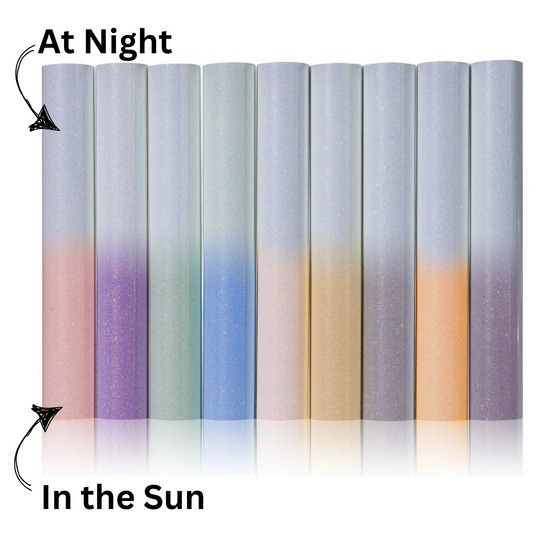 NEU! Cricut-kompatibel: 9er-Bundle – UV-reaktives Glitzer-Wärmeübertragungs-Vinyl, 30,5 x 25,4 cm – Farbwechselnd bei Sonnenlicht – HTV Folien-Set für Plotter & Wärmepresse