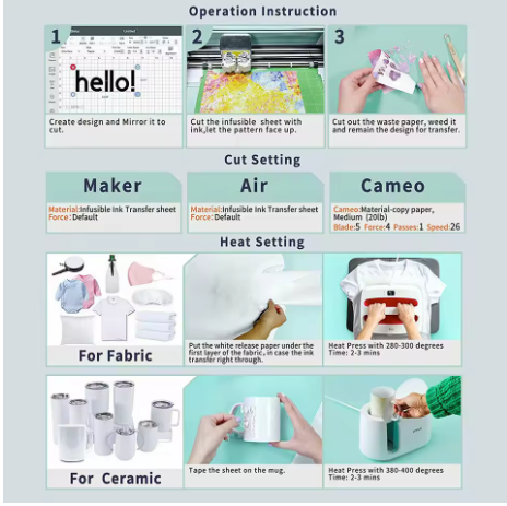 Compatible Cricut – Lot de 7 feuilles de transfert d'encre infusible | Papier de sublimation 10 x 12 pouces pour tasses, t-shirts et sacs